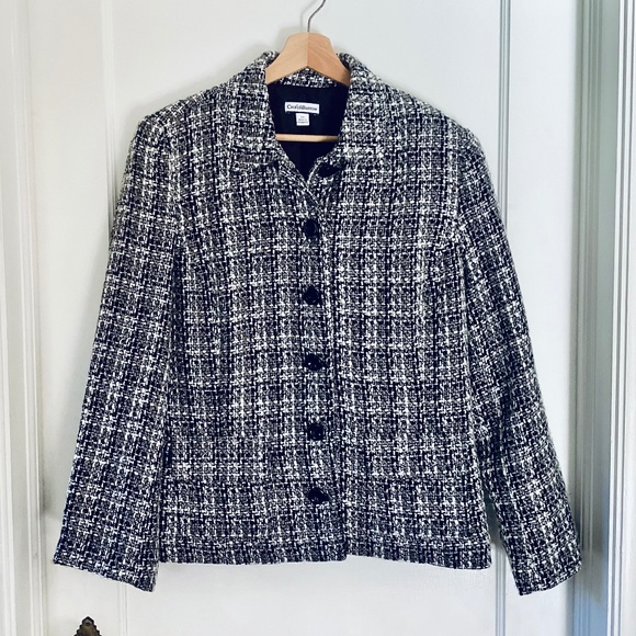 Croft & Barrow Size XL Long Sleeve Button Career Tweed Jacket Blazer Black White - Picture 1 of 13